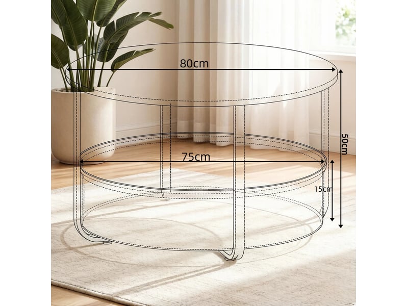 Table basse ronde avec panier de rangement en toile ø 80 cm, beige et blanc  - Conforama C