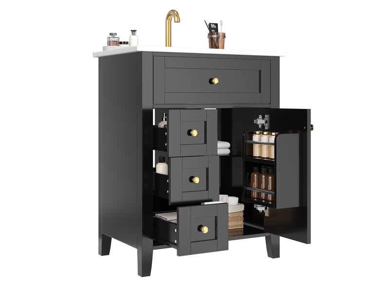 Meuble sous vasque à poser avec lavabo en céramique, 3 tiroirs, porte à fermeture douce, noir brillant, 61 × 47 × 86 cm - Conforama A