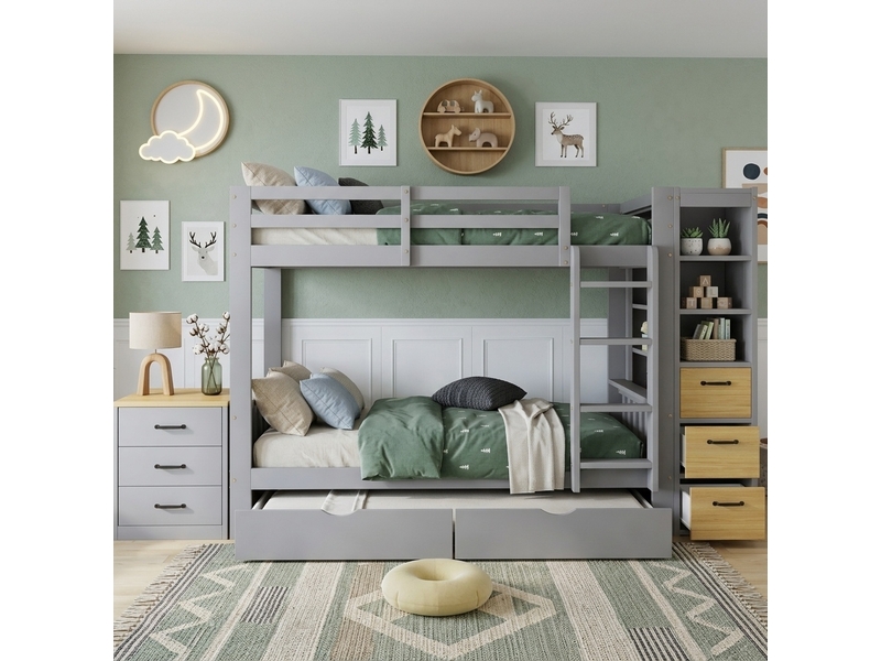  Lit superposé enfant 90 x 200 cm avec rangements, échelle et chevet, gris clair  - Conforama E