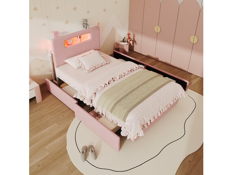 Lit enfant rembourré modenvie 90 x 200 cm avec 4 tiroirs, rangement, led contrôlée par application, velours rose - Conforama B