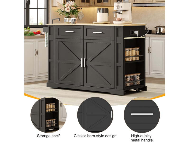  Desserte de cuisine 130x50x93 cm – noir et naturel – plan de travail extensible, prises usb et roulettes  - Conforama E