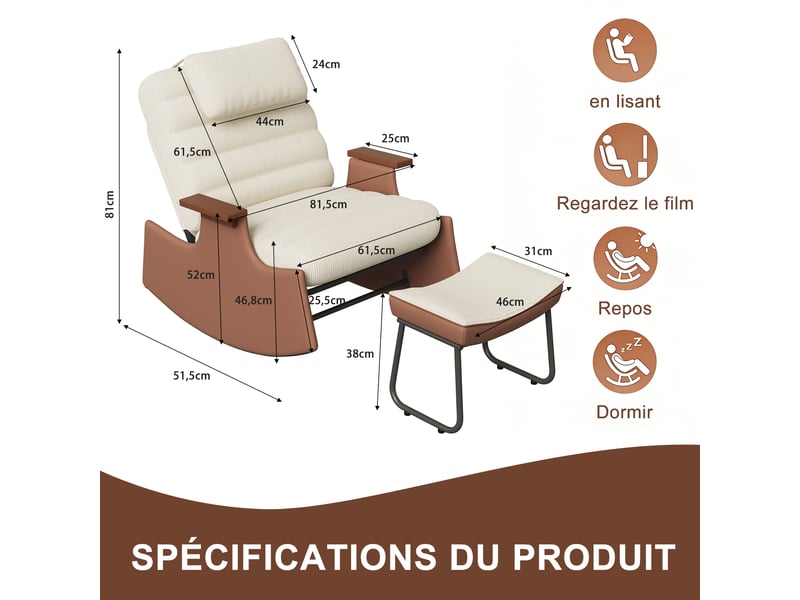  Fauteuil à bascule en velours côtelé avec repose-pieds - 81.5 x 51.5 x 81 cm-beige - chaise berçante ergonomique avec dossier réglable  - Conforama B