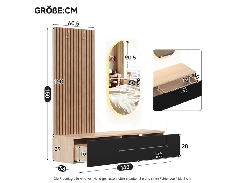  Meuble d'entrée 140x38x150 cm avec miroir et éclairage led, 2 tiroirs, mdf et panneau de particules, noir et bois  - Conforama C