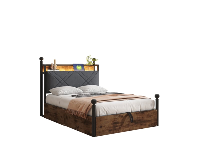 Lit simple 90x190 cm avec rangement hydraulique, led, usb-c et baldaquin noir - Conforama A