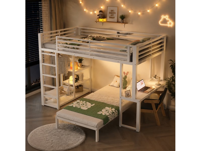  Lit mezzanine enfant 90 x 200 cm avec bureau, rangements et lit bas mobile blanc  - Conforama E