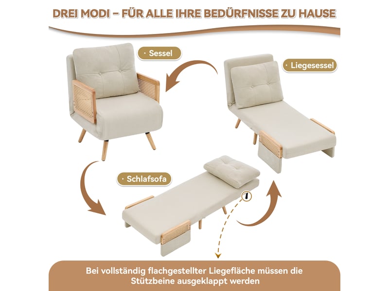  Fauteuil convertible 3 en 1 avec dossier réglable 5 positions et coussin, accoudoirs en rotin, en lin beige  - Conforama E