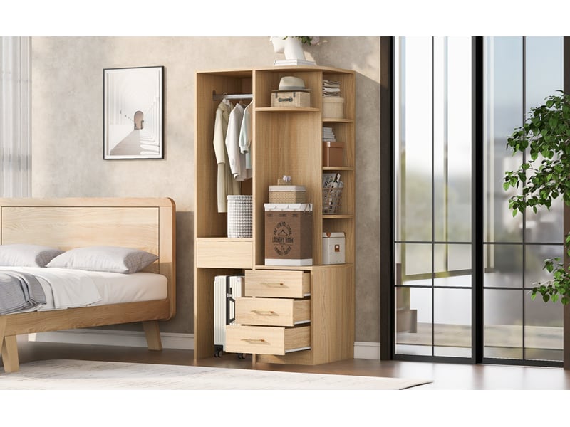  Armoire ouverte 70 x 55 x 175 cm avec penderie, étagères et 3 tiroirs, bois  - Conforama E