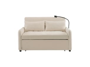 Canapé convertible 2 places en chenille avec fonction lit, dossier réglable 3 positions, support téléphone, usb et coussins inclus - beige