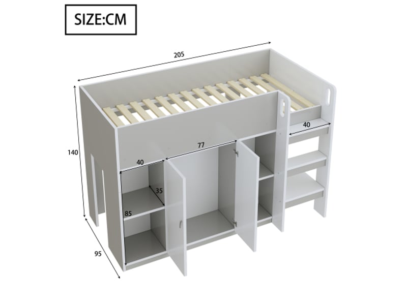  Lit mezzanine 90x200 cm, lit enfant avec rangements, penderie et étagères, en bois, gris, sans matelas  - Conforama D