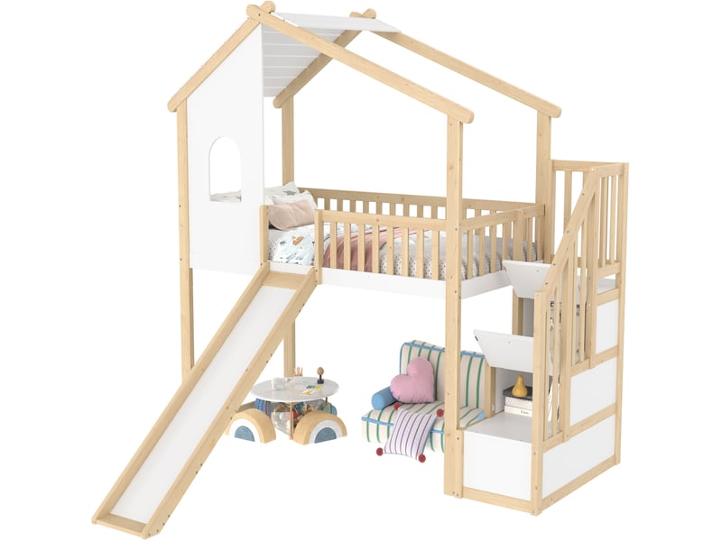 Lit mezzanine enfant 90 x 200 cm avec toboggan et rangements, forme cabane en pin massif, mdf et contreplaqué, naturel et blanc - Conforama A
