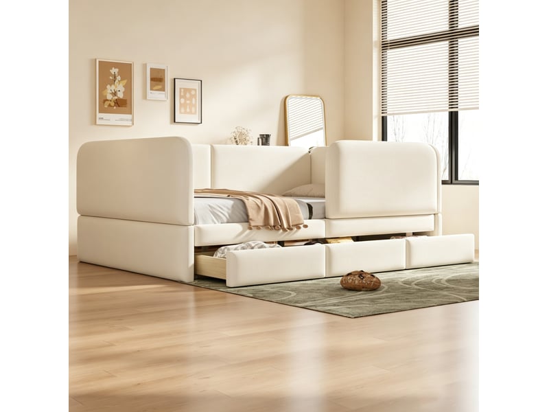  Lit enfant 140 × 200 cm avec contour de sécurité, coins arrondis, 3 tiroirs de rangement, en velours beige pour chambre  - Conforama E