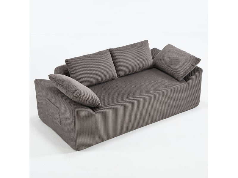 Canapé droit 2 places sans structure, assise profonde et poches latérales en velours côtelé gris et marron - Conforama A