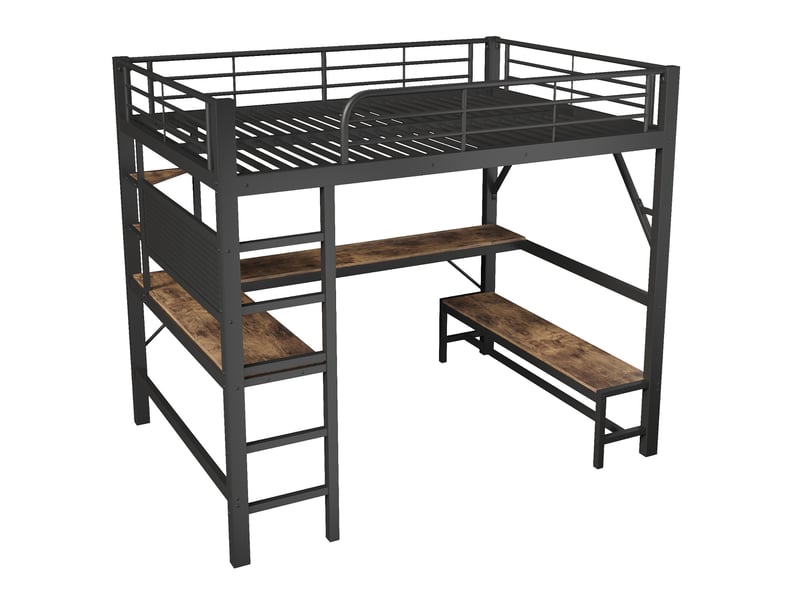  Lit mezzanine 160x200 cm noir en métal et mdf avec bureau, led, usb-c, rangements et panneau perforé, sans matelas  - Conforama A