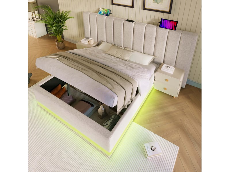 Lit coffre double 180x200 cm avec led 360° et chargeur usb et type-c, lit adulte avec sommier à lattes, lin beige, sans matelas - Conforama B
