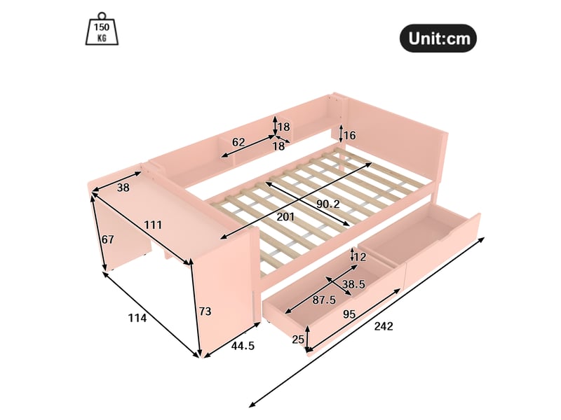  Lit enfant 90x200 cm avec bureau, étagères et 2 tiroirs rose  - Conforama C