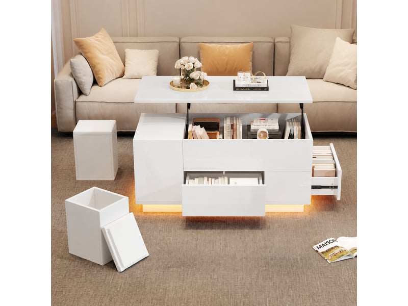  Table basse relevable blanche 100 x 50 x 45 cm, led, 2 tiroirs et 2 poufs, blanc  - Conforama C