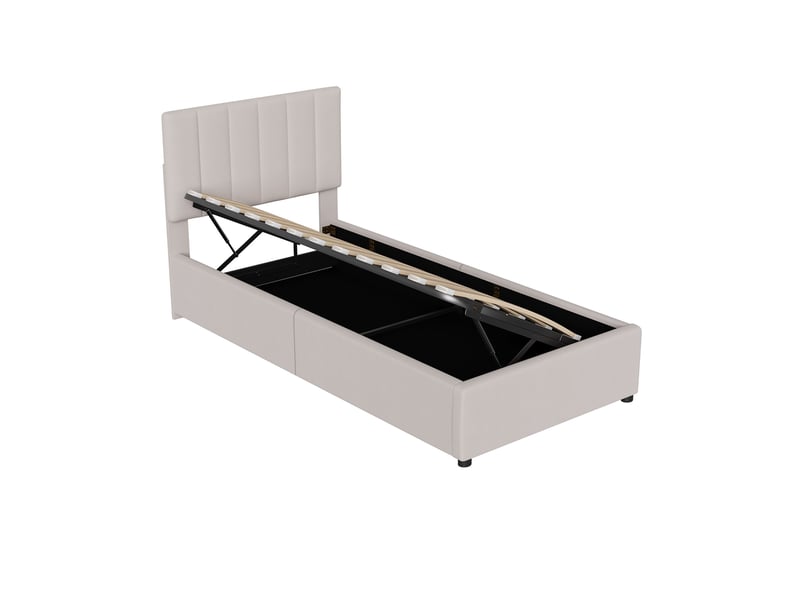 Lit enfant simple 90x200 cm avec rangements intégrés et tête de lit réglable en hauteur, tissu lin, beige, sans matelas - Conforama E