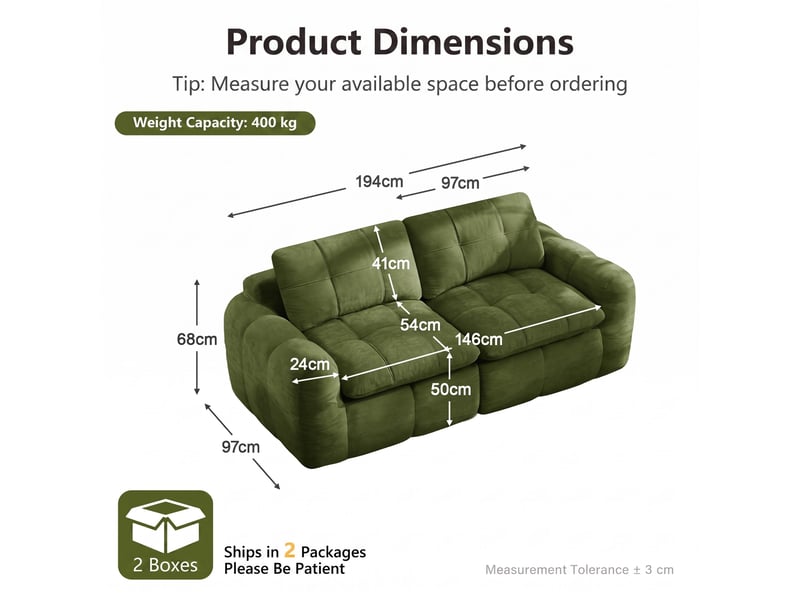 Canapé 2 places, revêtement en tissu chenille, sans assemblage, vert - Conforama D