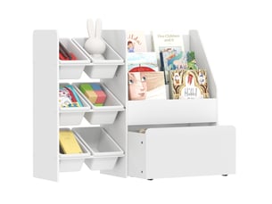 Étagère à jouets enfant 100 x 30 x 80 cm en mdf et acier blanc, 6 bacs et coffre mobile pour livres et jouets