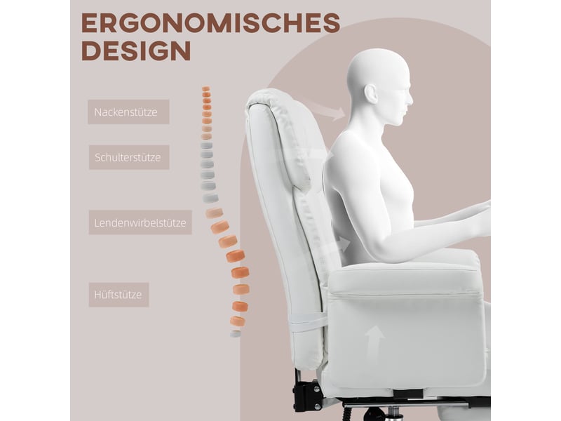  Chaise de bureau ergonomique inclinable 155° avec repose-pieds - lpospi - pivotante réglable, simili cuir blanc  - Conforama E