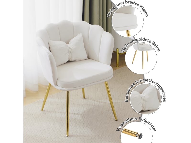  Lot de 6 chaises design 63x58x77 cm, dossier pétale, coussins, pieds en métal doré, velours beige  - Conforama D