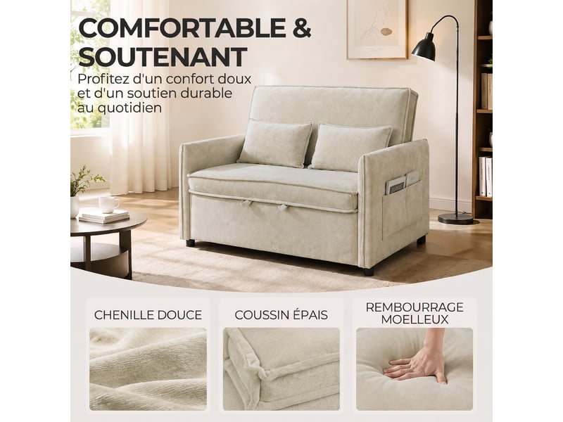  Canapé convertible 2 places, canapé-lit 3 en 1 chenille 125 cm avec dossier réglable, assise large, 2 oreillers, crème  - Conforama E