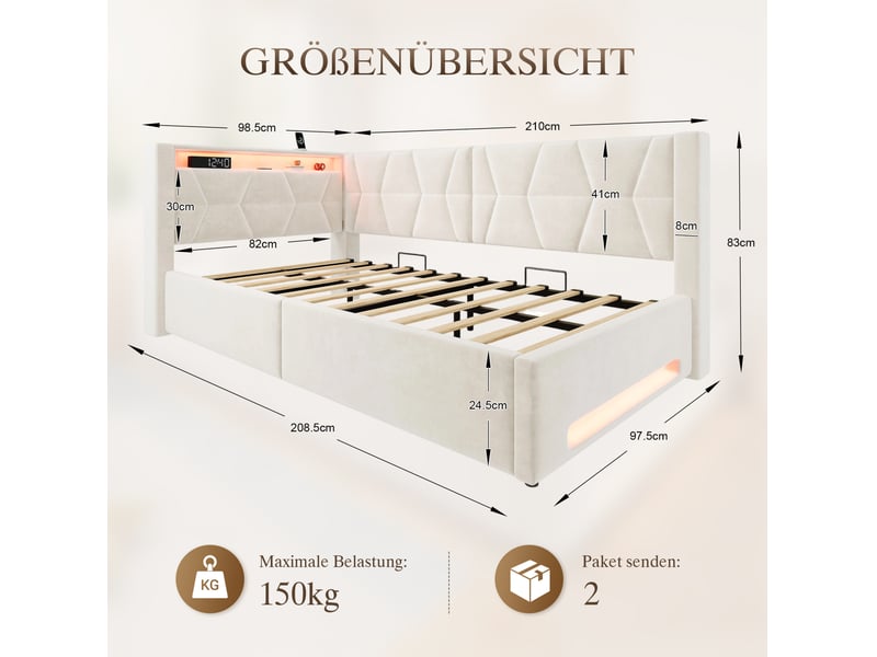  Lit coffre 90x200 cm, métal et velours, led, ports usb et type-c, sommier à lattes, finition beige, matelas non fourni  - Conforama C