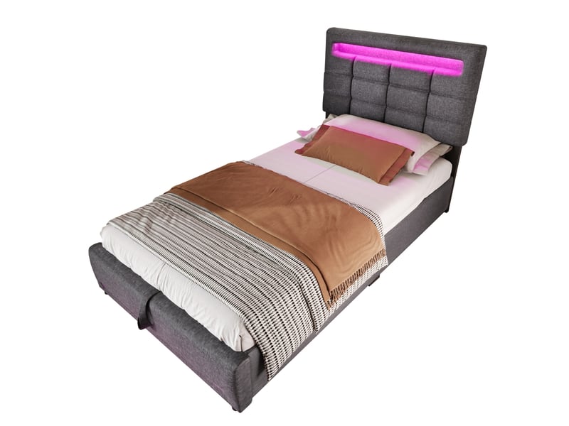  Lit capitonné, 90 x 200 cm, commande par application, éclairage led, suspension hydraulique, sans matelas, avec port usb, linge de lit gris  - Conforama A