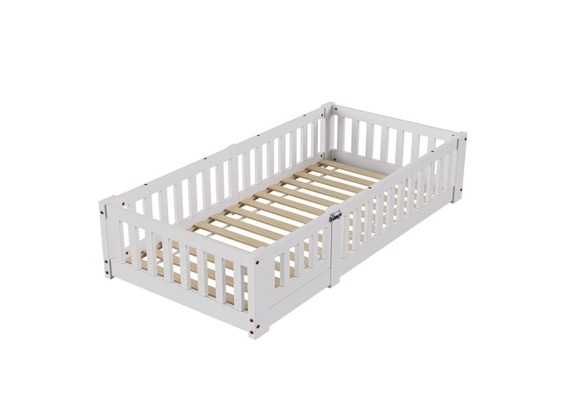  Lit 90x190cm - lit enfant 90x190cm - lit cabane au sol avec barrières de sécurité et sommier à lattes - blanc  - Conforama A