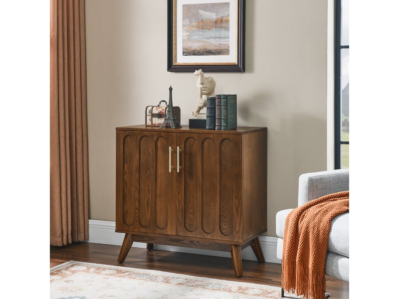  Buffet bas 80x40 cm avec portes rainurées, étagères réglables et pieds en bois massif, mdf, style mid-century, effet noyer  - Conforama B