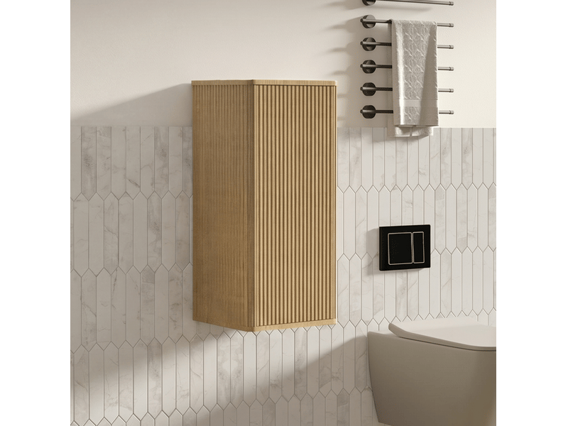  Armoire murale de salle de bain à ouverture par pression avec étagères intérieures, finition rainurée chêne  - Conforama C
