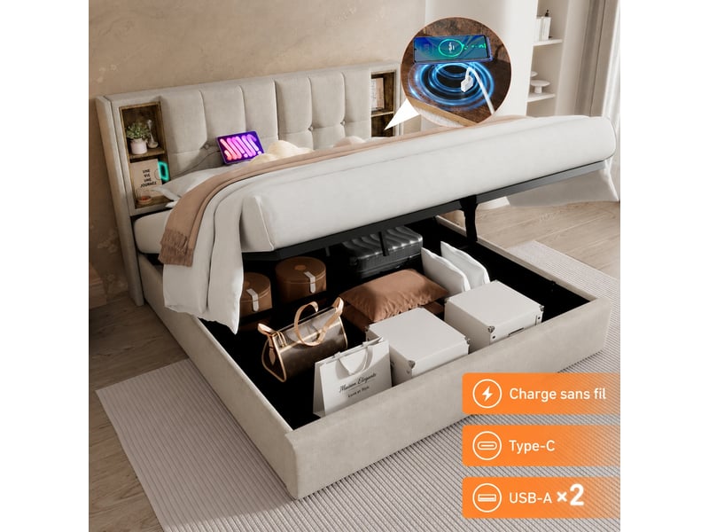  Lit 140x200 avec tête de lit, rembourré en lin naturel, coffre et recharge usb  - Conforama D