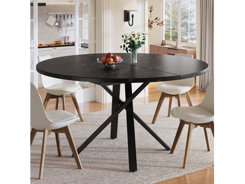  Table de salle à manger extensible ronde avec plateau effet marbre et pieds réglables, pour cuisine et séjour, noir  - Conforama C