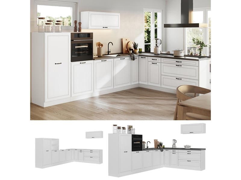 Vicco cuisine en angle, blanc campagneblanc, 327 x cm plan de travail chêne doré - Conforama D