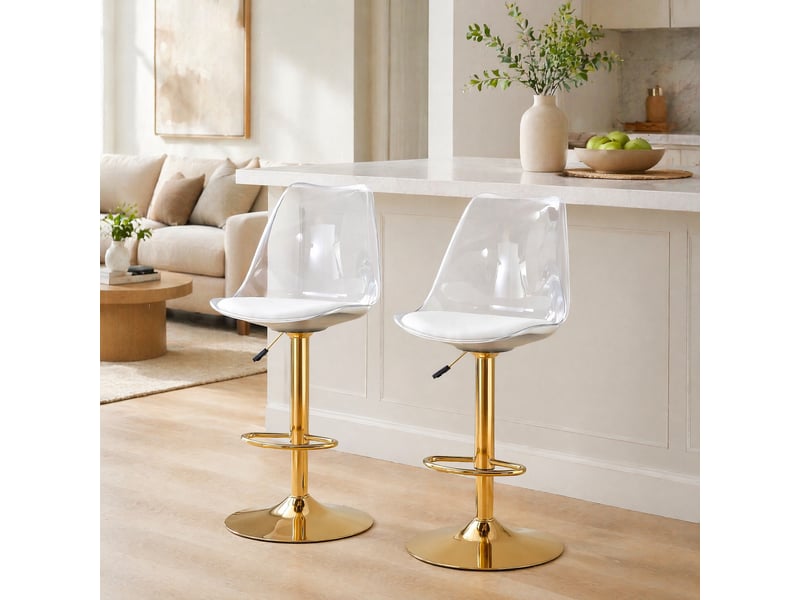  Tabouret de bar lot de 2 pivotants avec dossier transparent, assise en pu et repose-pieds, métal doré  - Conforama B