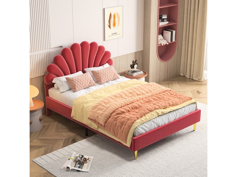 Lit enfant fille 140x200 cm lit princesse fille avec sommier à lattes pour enfants et adolescents, velours, ​​beige  - Conforama E