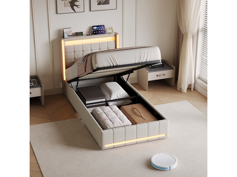  Lit coffre 90x200 cm avec led,usb et hydraulique, lit simple en lin beige, grand rangement, tête de lit capitonnée  - Conforama D
