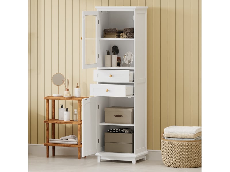 Armoire de salle de bains 45x36x160 cm blanche avec porte vitrée et 2 tiroirs - Conforama B