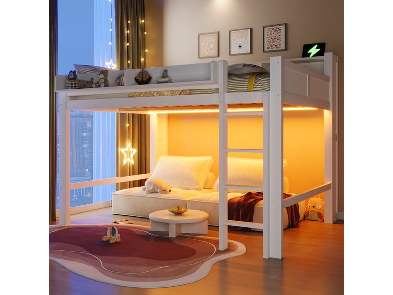 Lit mezzanine 140x200cm avec compartiments de rangement, éclairage led et port usb, blanc - Conforama D