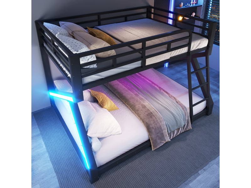  Lit superposé 140x200160x200 cm, 2 couchages, métal noir renforcé, led, garde-corps, échelle, hauteur 146 cm, gain de place, chambre enfant  - Conforama D