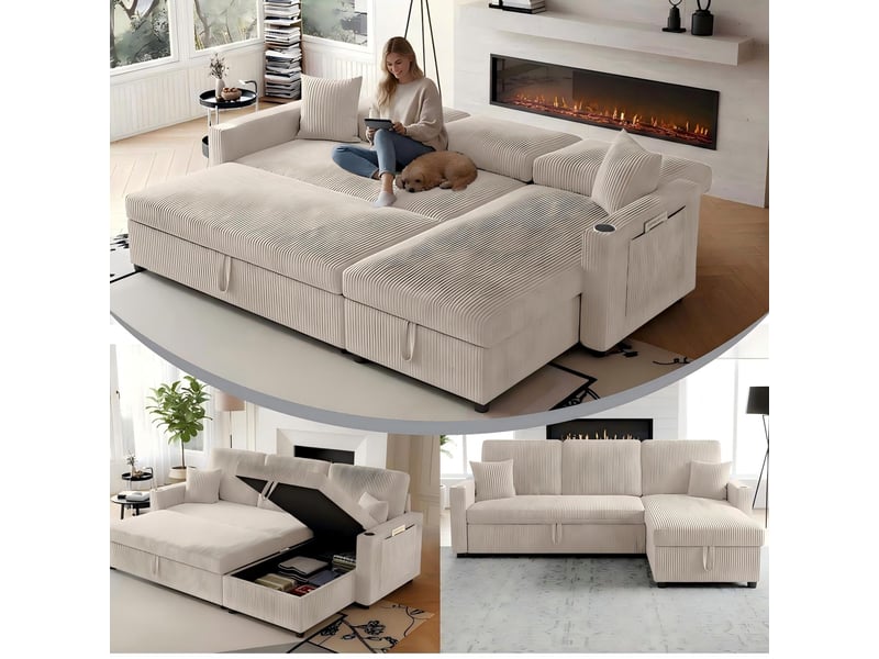  Canapé d'angle l 207.5x142x84.5 cm - 3 places - convertible - rangement - modulaire - méridienne - tissu côtelé - beige CozyNest - Conforama E