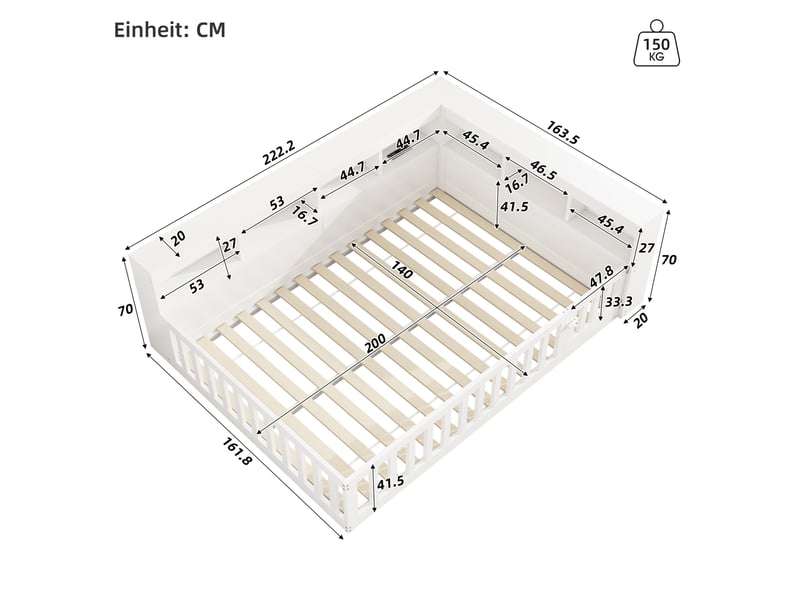  Lit enfant 140x200cm, sommier, garde-corps, tête de lit, port usb, rangement inclus, aggloméré, blanc, sans matelas  - Conforama C