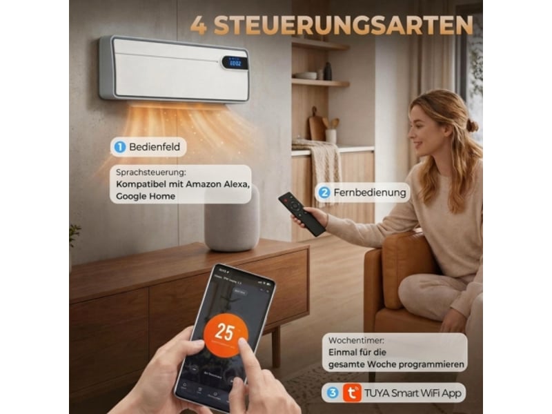  Chauffage mural céramique connecté 2000 w blanc, wi-fi, thermostat, oscillation et contrôle par application  - Conforama E