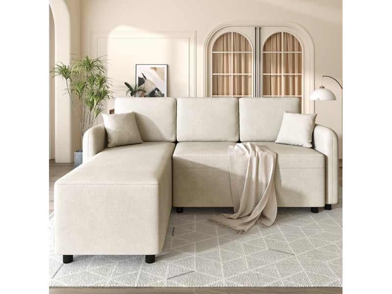 Canapé d’angle 3 places modenvie avec méridienne droite, revêtement en chenille, mousse haute densité, beige clair, 187,5 x 144 x 85,5 cm - Conforama D