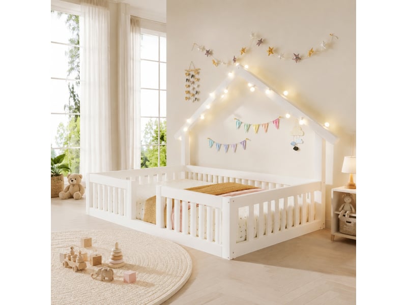  Lit maison, 90x200 cm, lit maison, avec barrière de sécurité, lit au sol, led, matelas non inclus, bois, coloris blanc  - Conforama B