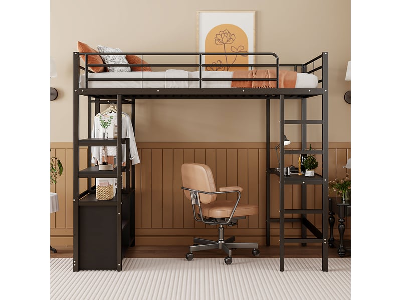  Lit mezzanine avec bureau, prise usb et rangements, métal noir, 90x200 cm, sans matelas  - Conforama B