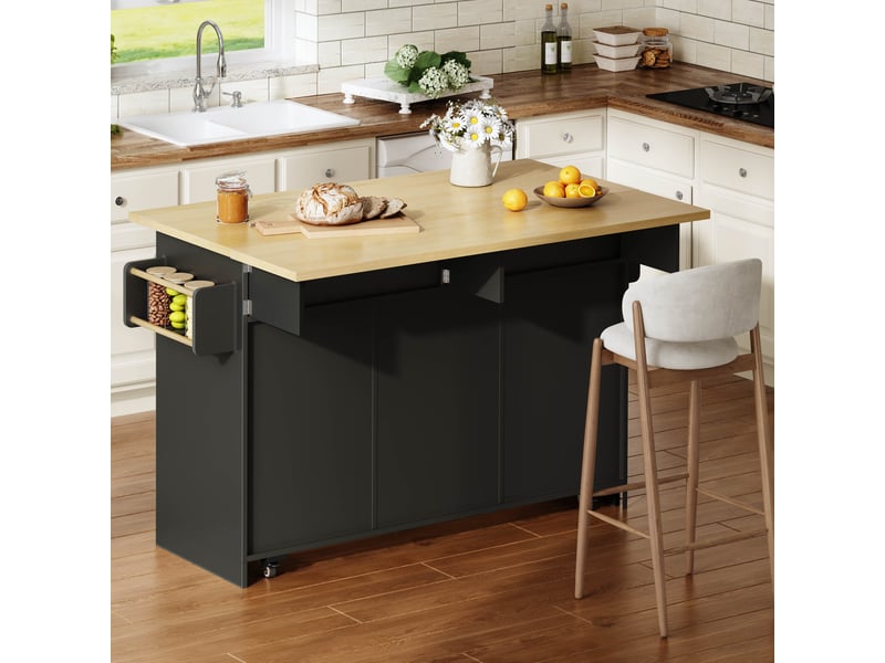  Îlot de cuisine mobile avec plateau pliant, desserte à roulettes verrouillables, tiroirs et rangement, noir, 120x70x92cm  - Conforama W