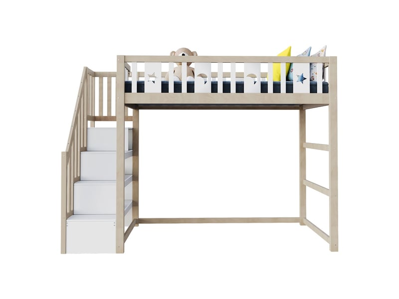  Lit mezzanine enfant 90x200, bois massif escalier rangement, sécurité garde-corps design étoiles lunes  - Conforama E