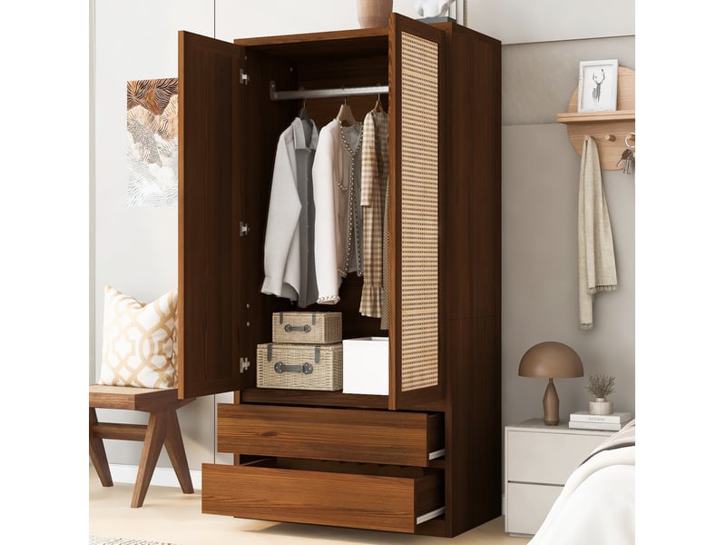  Armoire à 2 portes avec penderie et 2 tiroirs, 90x50x170 cm, décor rotin  - Conforama B