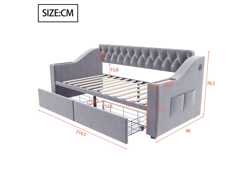  Lit enfant 90x190 cm tiroirs accoudoirs larges rangements ouverture pression port usb métal velours gris sans matelas  - Conforama C